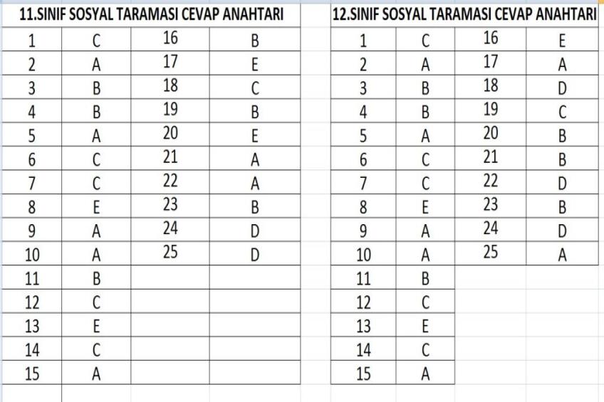 11 ve 12.Sınıf - Tarama Cevap Anahtarları.